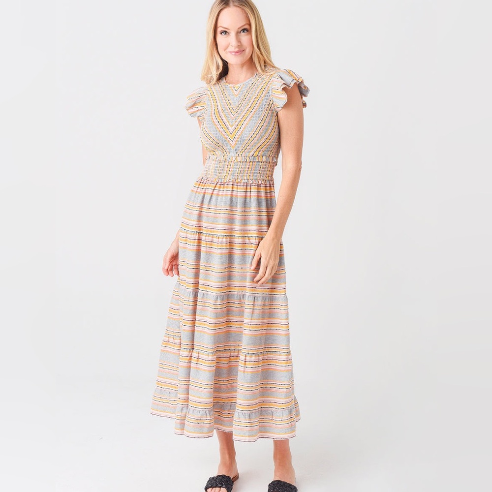 SAYLOR Maxi Dress multicolor striped woven ruffle sleeves Spring Cotton Size M